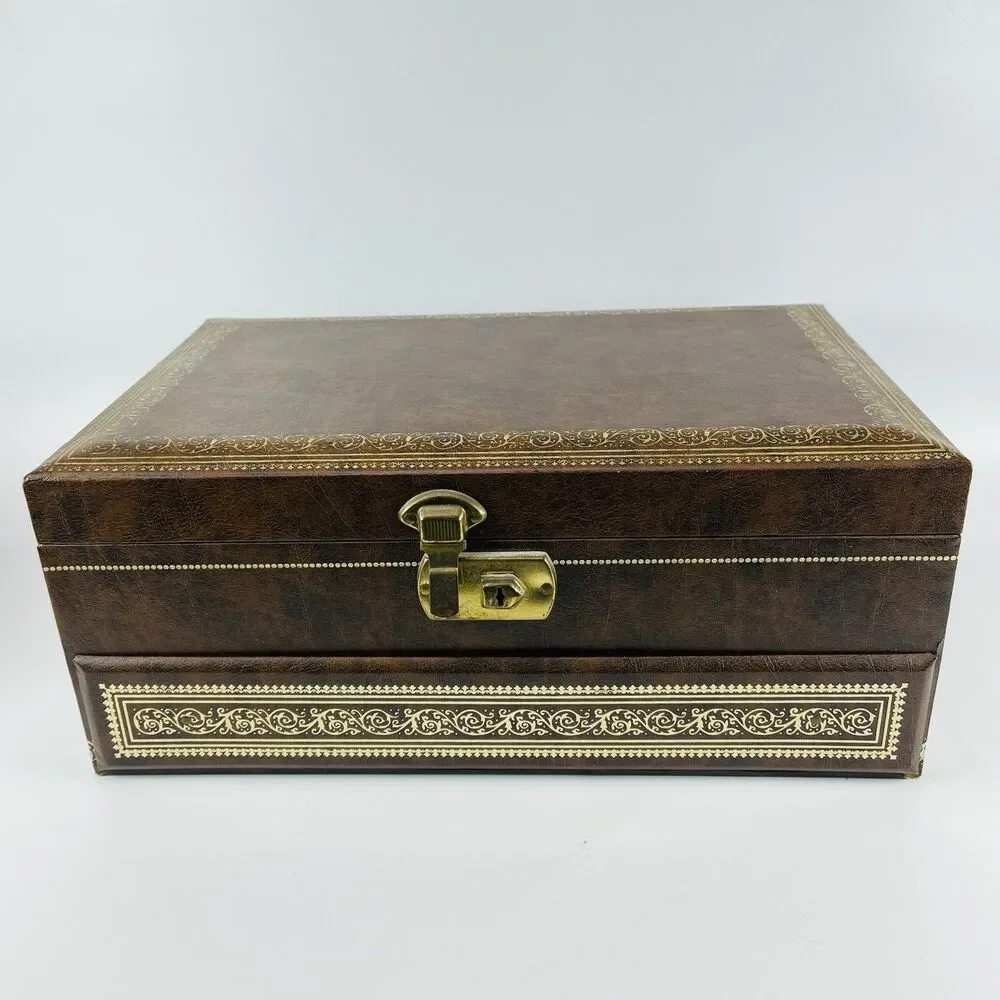 VTG MELE 4-Tier Jewelry Box MCM Mid-Century Faux Leather Satin Gold Velvet w KEY